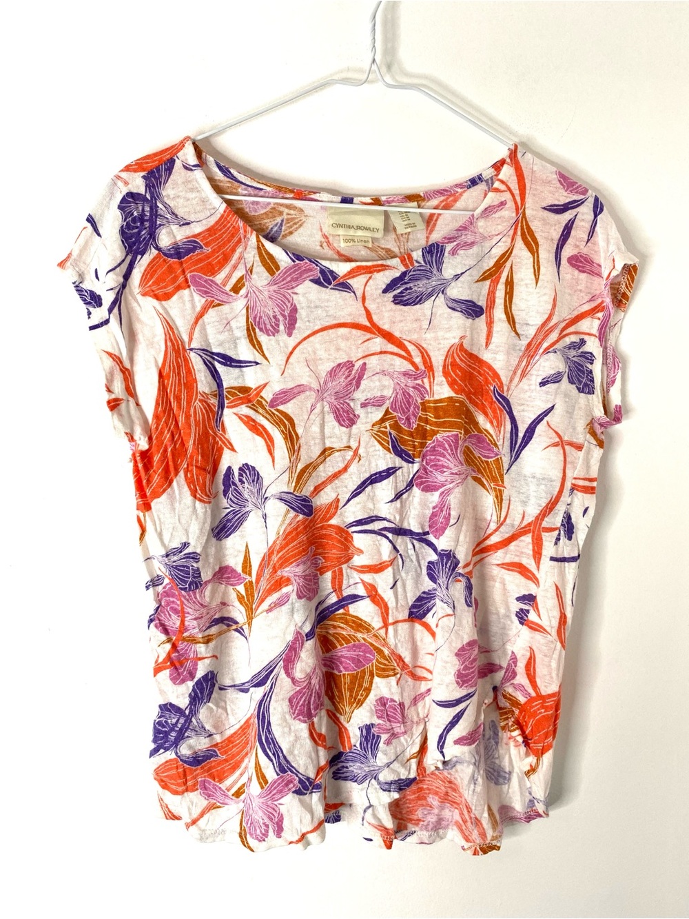 Cynthia Rowley 100% Linen Floral Print Top Purple Orange Relaxed Blouse